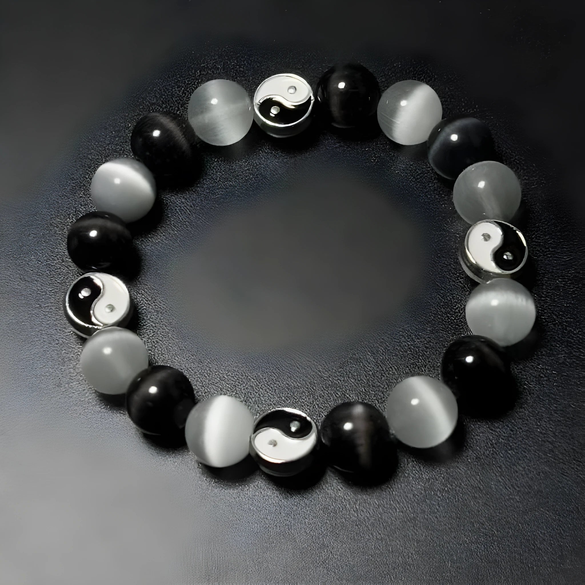 Natural black agate and opal Tai Chi bracelet with 10mm polished beads in Chinese style