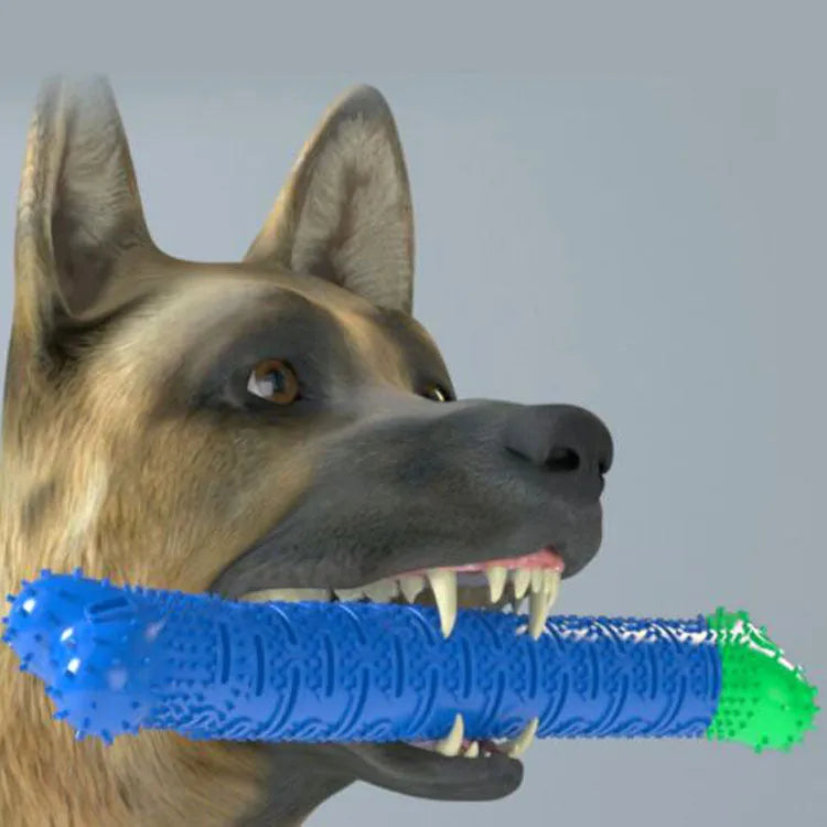 Blue silicone dog teeth cleaning stick with serrated brush head and gum massage nodules