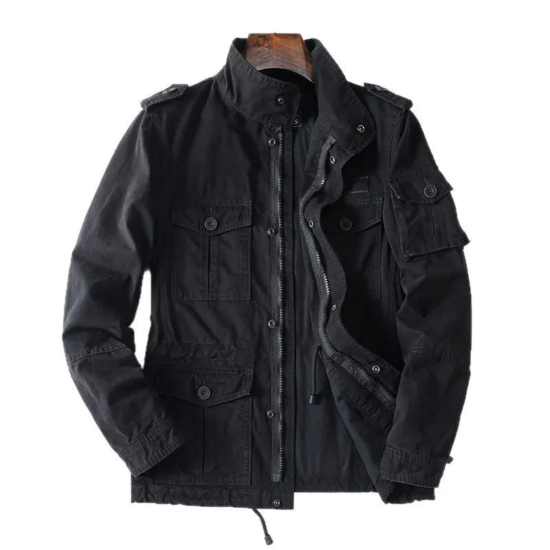 Men's loose-fit retro cotton jacket in light brown, shown with zip front closed.
