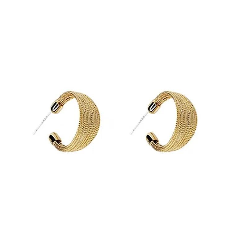 Geometric copper bracelet earrings with electroplated silver or gold finish showing stud and clip styles