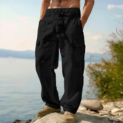 Men's loose fit cotton casual trousers in light army green colour with wide-leg styling
