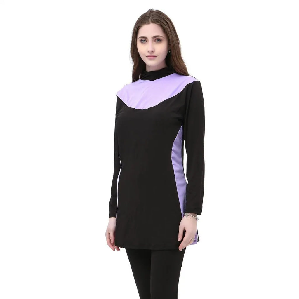 Conservative black women's swimsuit with long sleeves, a hood, and matching pants.