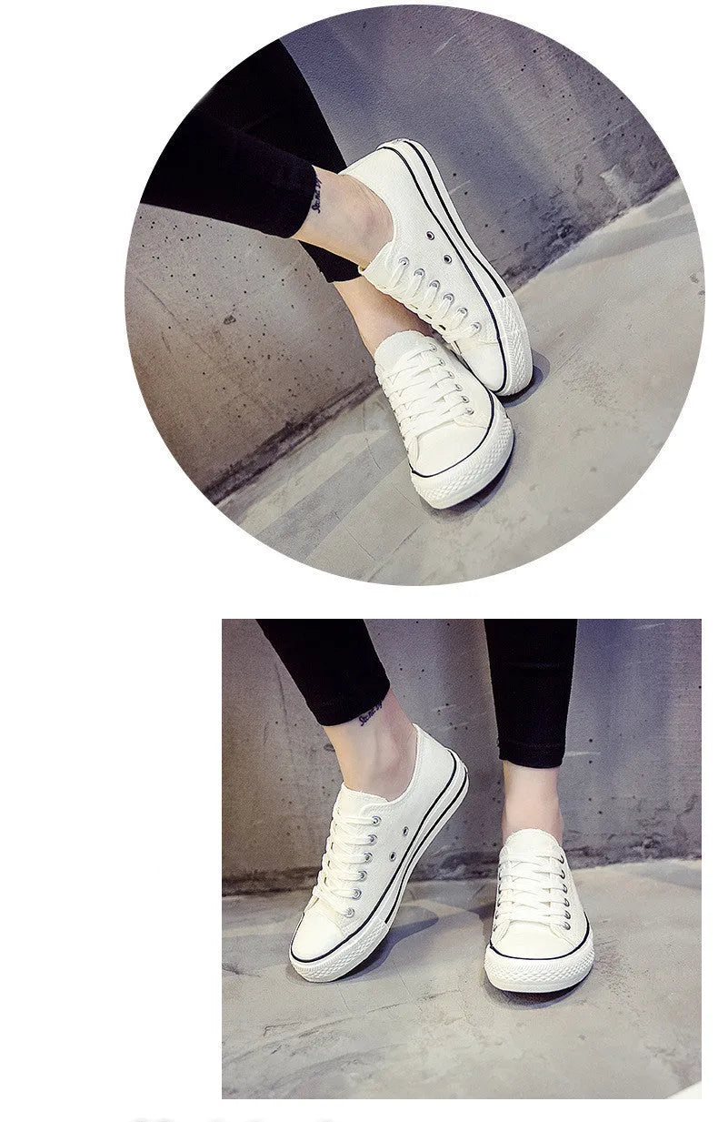 Women's solid colour canvas casual trainers in All Black, shown from the side on a white background.
