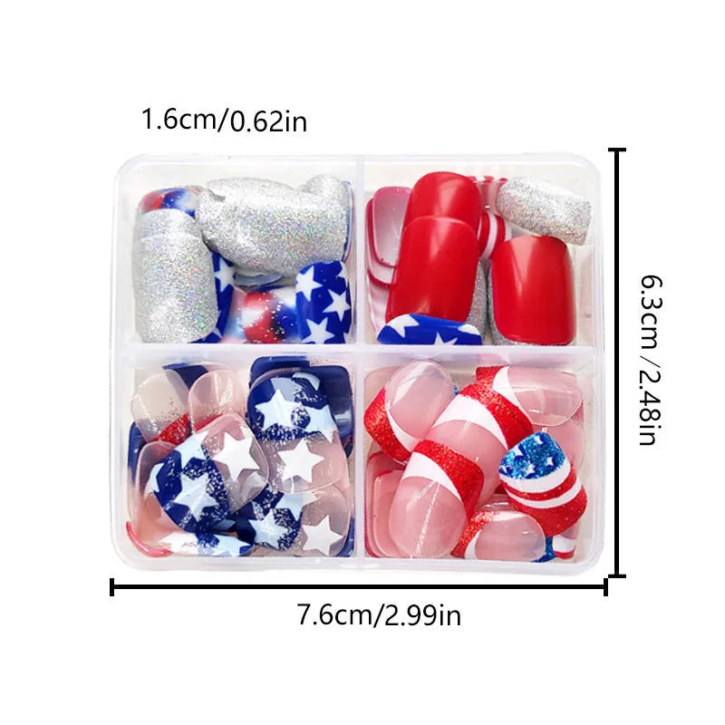 XINGX false nail set with red, white, blue American star pattern in short European Square shape.