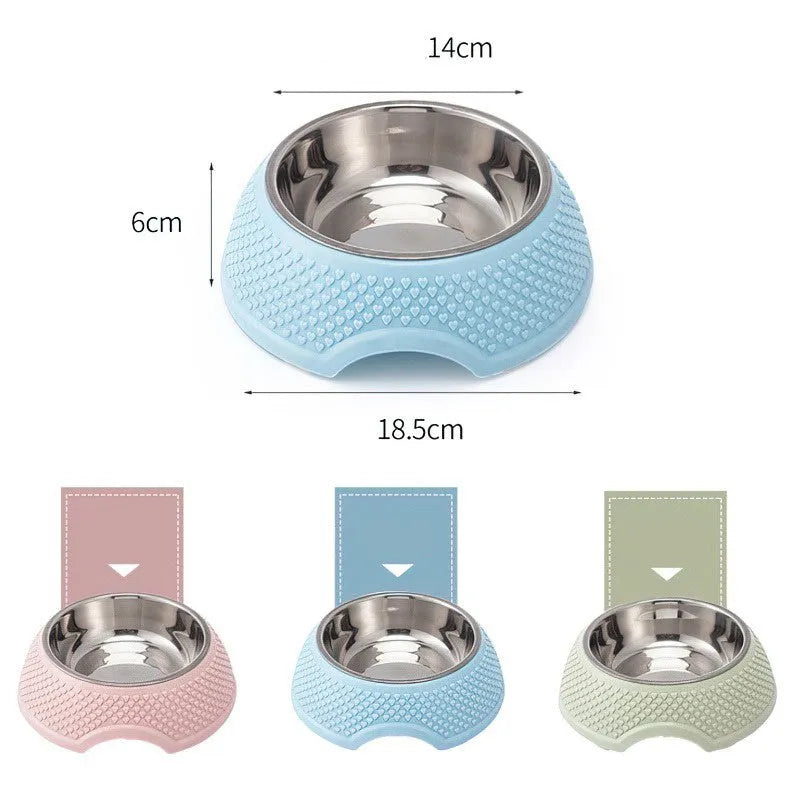Blue stainless steel pet bowl with non-slip base for cats and dogs on a floor