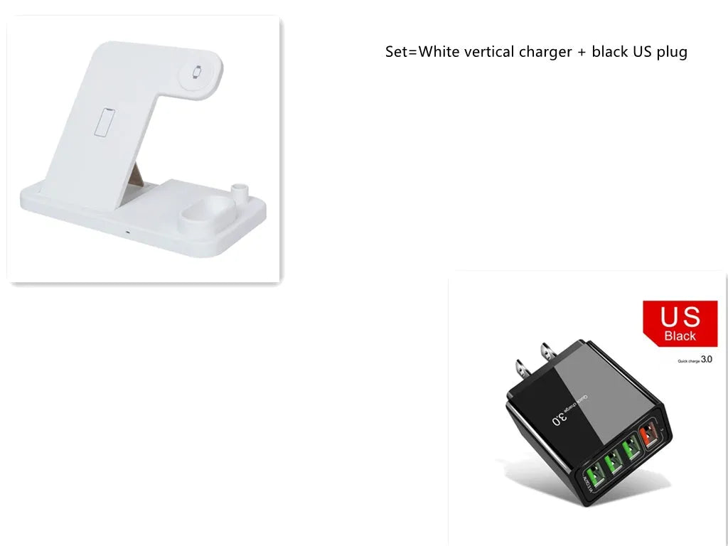 4-in-1 wireless charging station with adjustable stand charging iPhone, Apple Watch, and AirPods