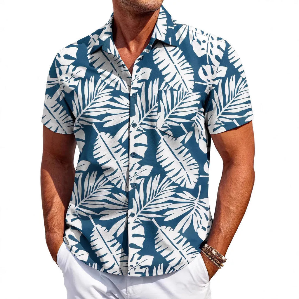 Men's slim-fit Hawaiian short sleeve shirt in elastic polyester fabric showing colour options and sizing