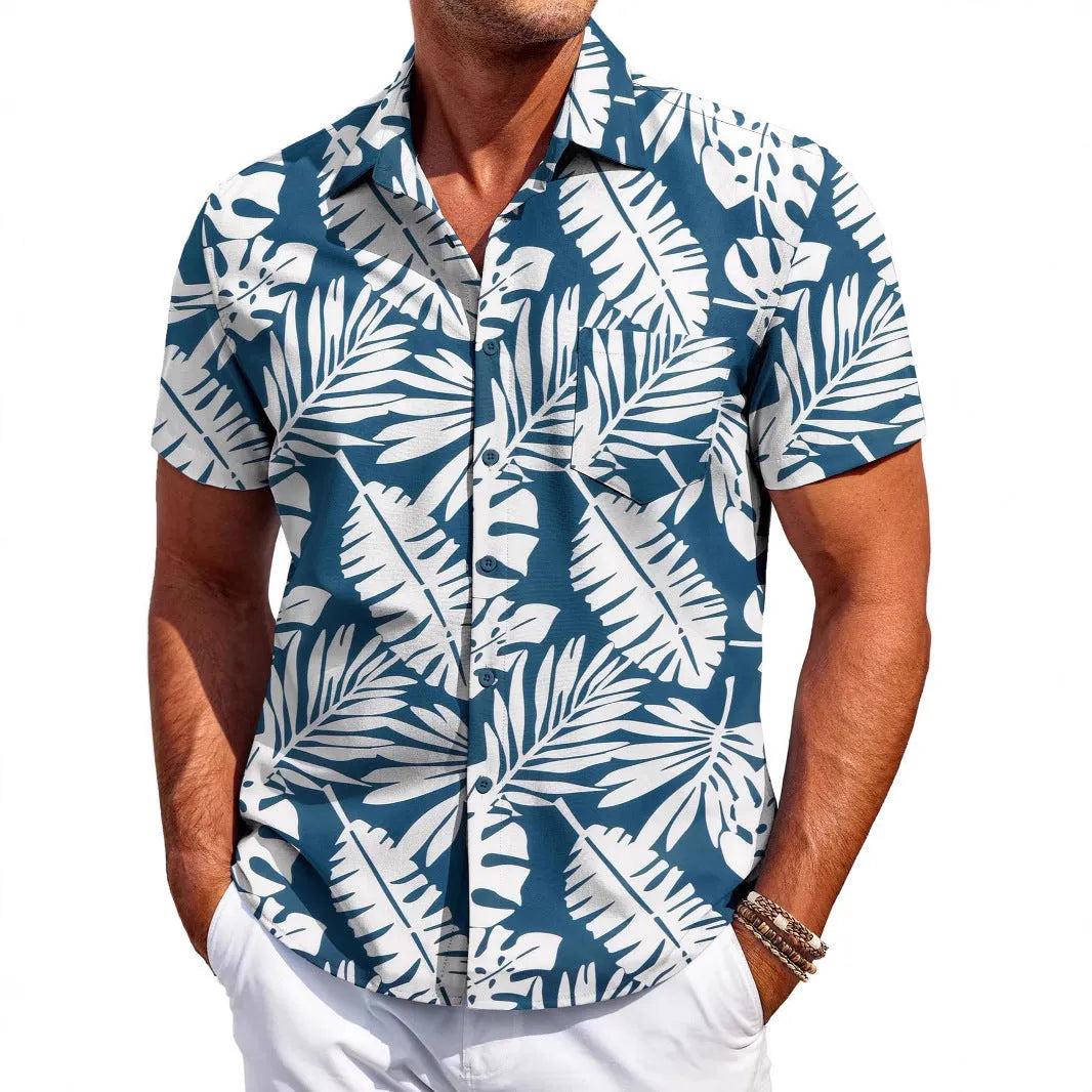 Men's slim-fit Hawaiian short sleeve shirt in elastic polyester fabric showing colour options and sizing