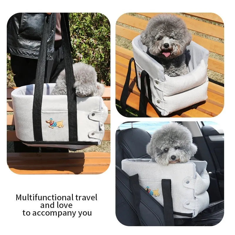Small dog car centre console pet pad in dark gray linen-style cloth for travel comfort