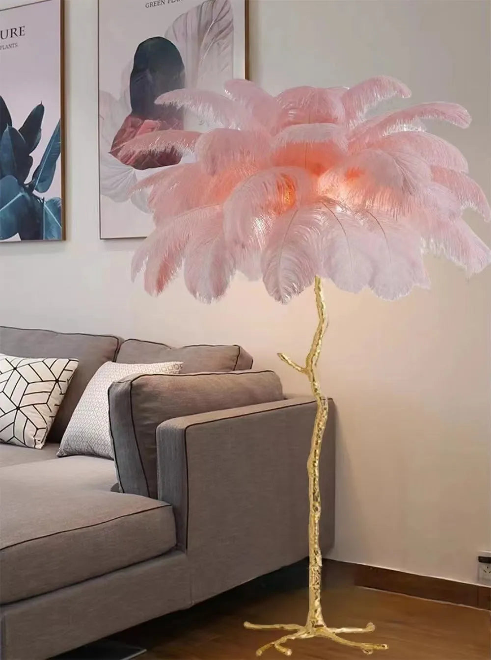 Decorative resin feather floor lamp with 32 feathers in white, pink, or dark green colours