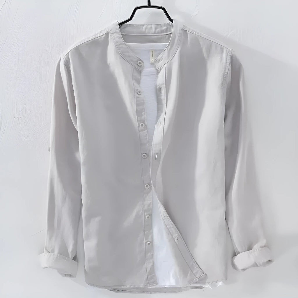 Loose fit cotton linen casual long sleeve shirt in solid colour options including dark blue, light blue, khaki, grey, and white