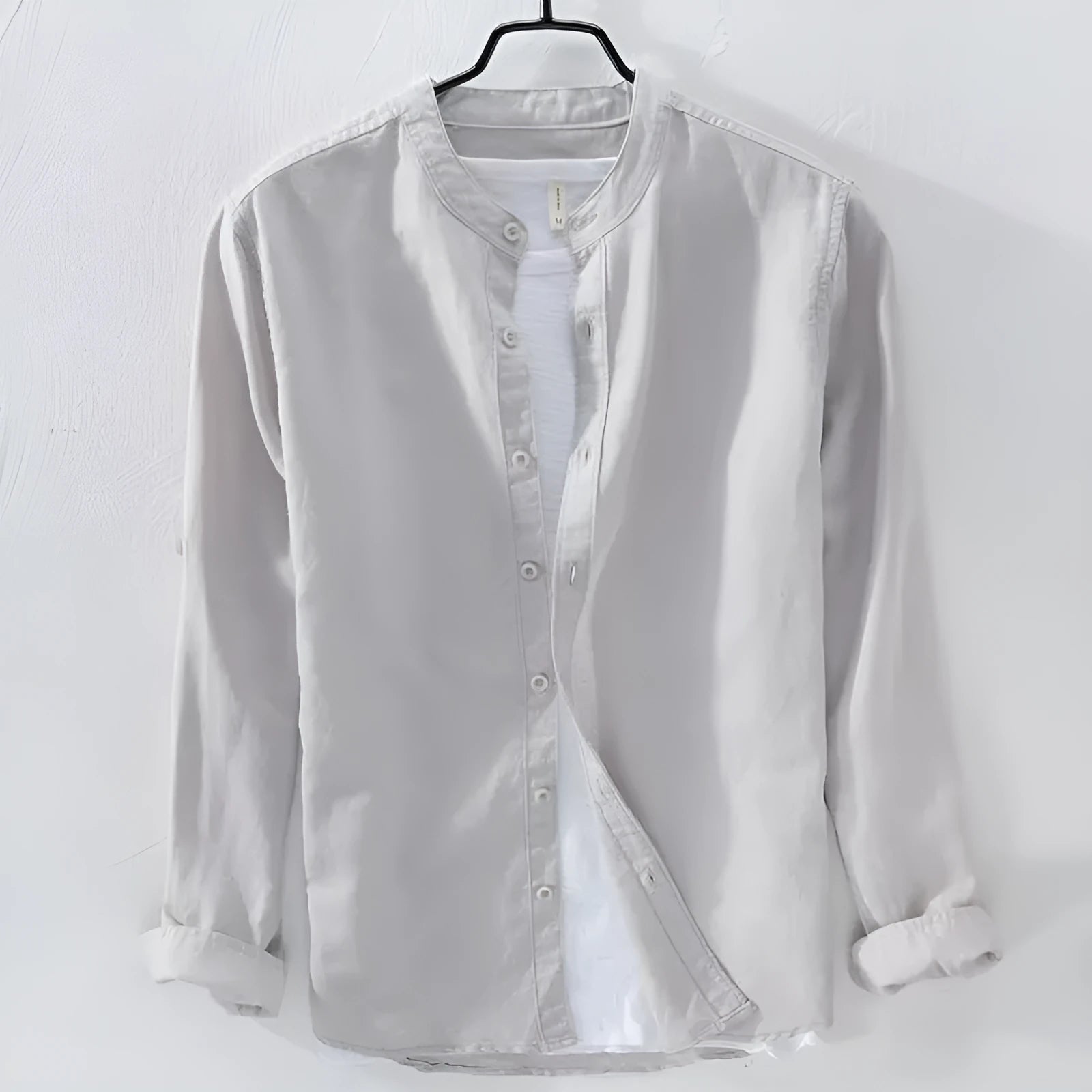 Loose fit cotton linen casual long sleeve shirt in solid colour options including dark blue, light blue, khaki, grey, and white