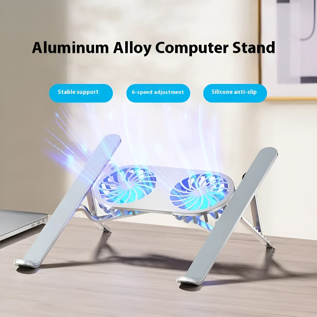 Silver aluminium laptop cooling stand with twin fans in folded position beside laptop