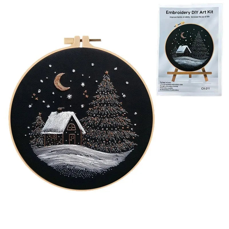 Christmas snow house embroidery fabric kit 28x28cm cotton linen modern simplicity landscape pattern