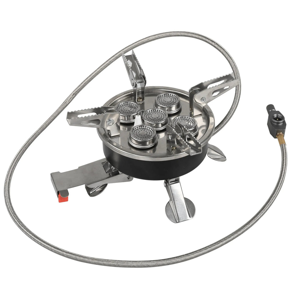 Silver portable stainless steel split camping stove with a long hose, shown folded.