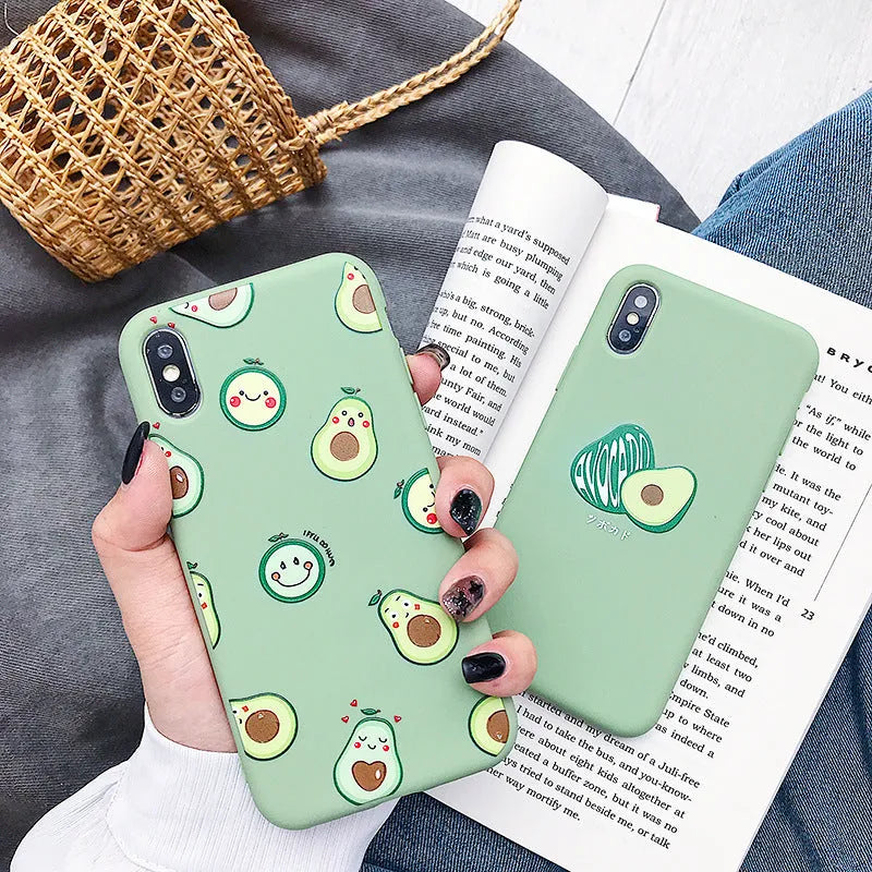 Cartoon-style avocado design on a green flexible TPU back cover for an iPhone