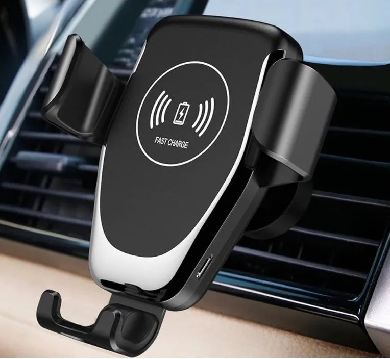 Black car wireless charger mounted on vehicle ventilation hole showing iPhone in automatic clamping mechanism