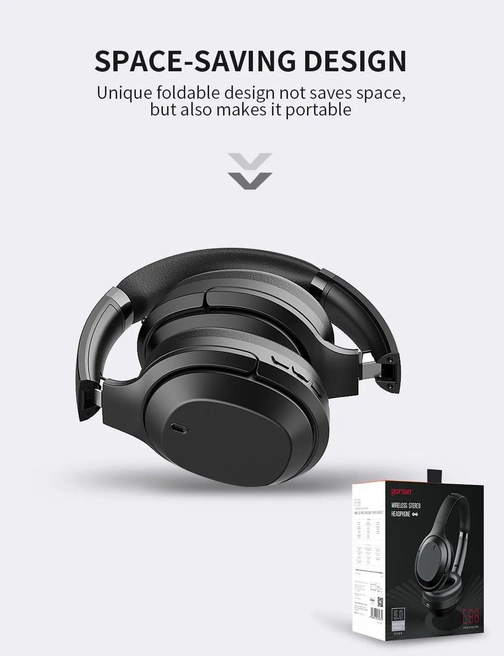 Black Gorsun E98 wireless over-ear Bluetooth headphones with adjustable headband and memory-protein ear cushions