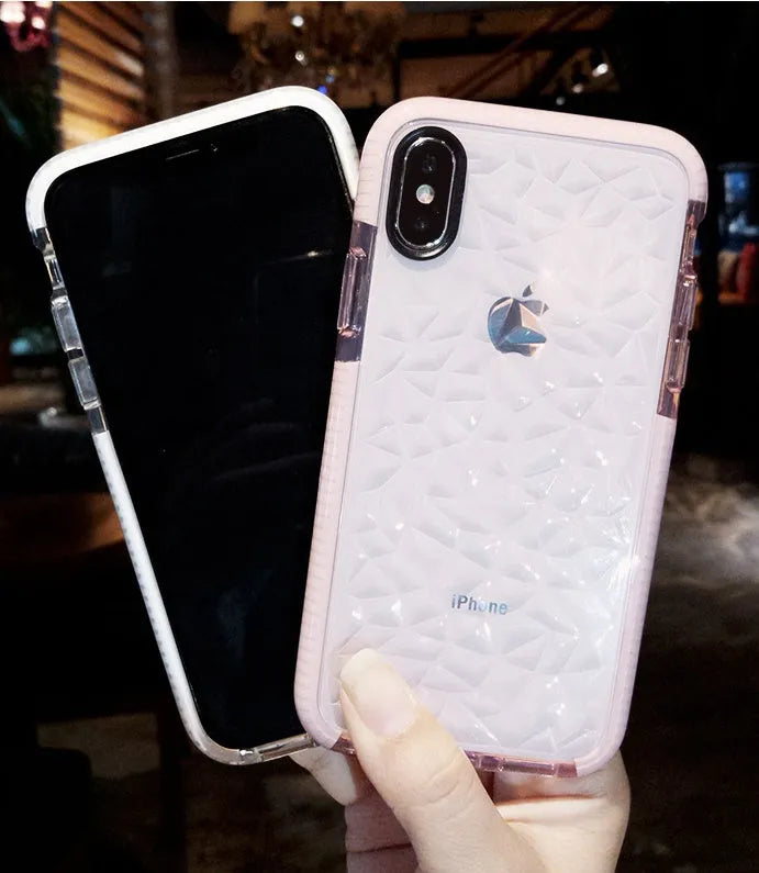 Simple striped TPU mobile phone case for iPhone shown in pink edge, white edge, and black border colour options.