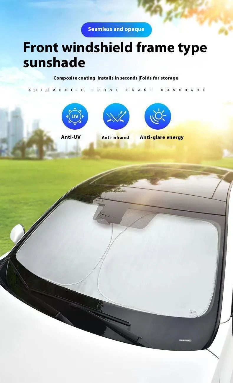 Aluminium foil car sunshade in titanium silver colour showing rectangular shape and reflective surface