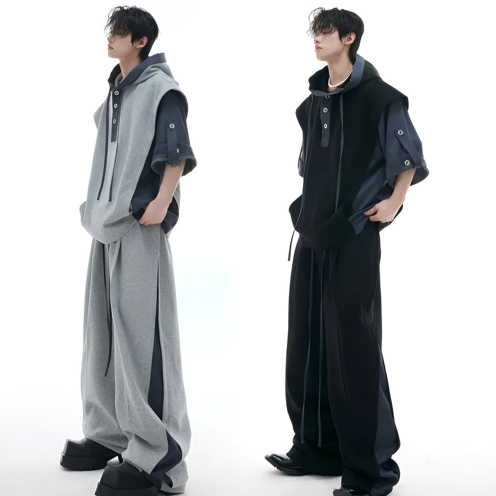 Men's polyester hooded tracksuit set with three-dimensional stitching in black or gray coordinated colours