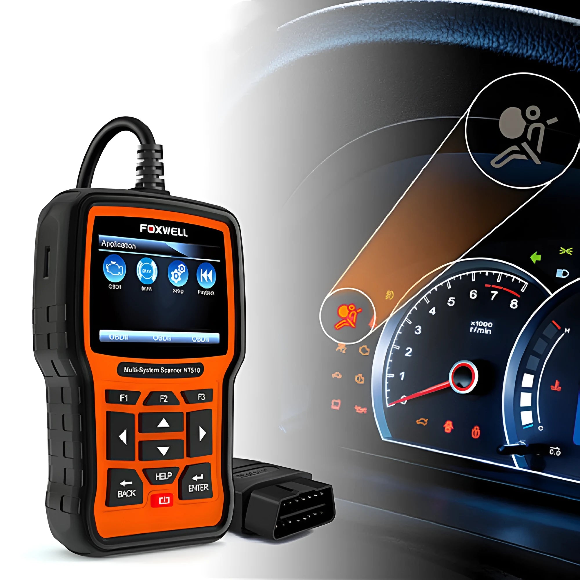 Foxwell NT510 orange and black automotive diagnostic scanner with data cable on workbench