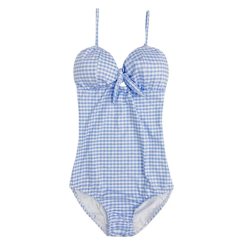 Blue and white plaid pattern one-piece swimsuit for women