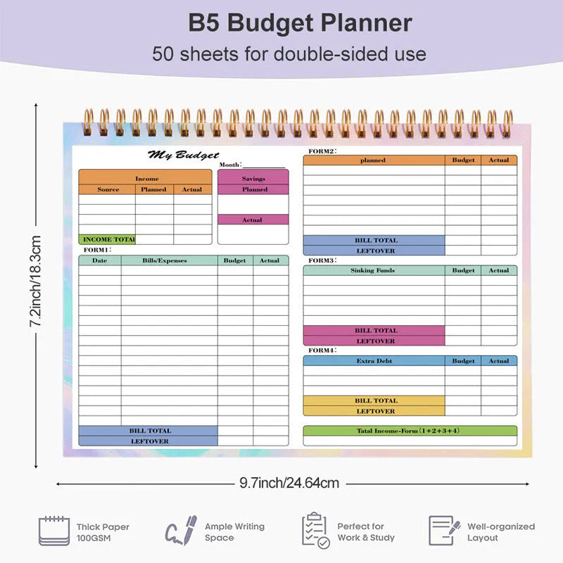 B5 budget tally notebook with blue PP cover and spiral binding for tracking income and expenses.
