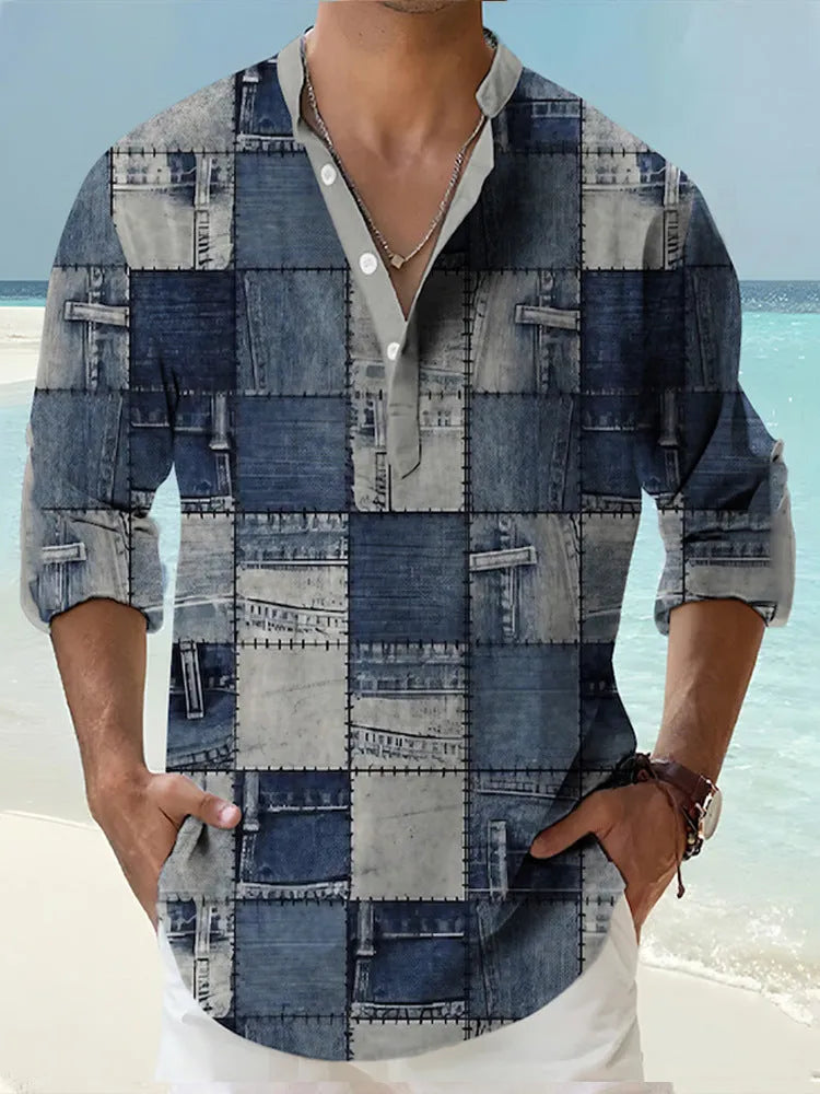 Long sleeve Hawaiian shirt with digital bamboo linen striped pattern in cardigan style