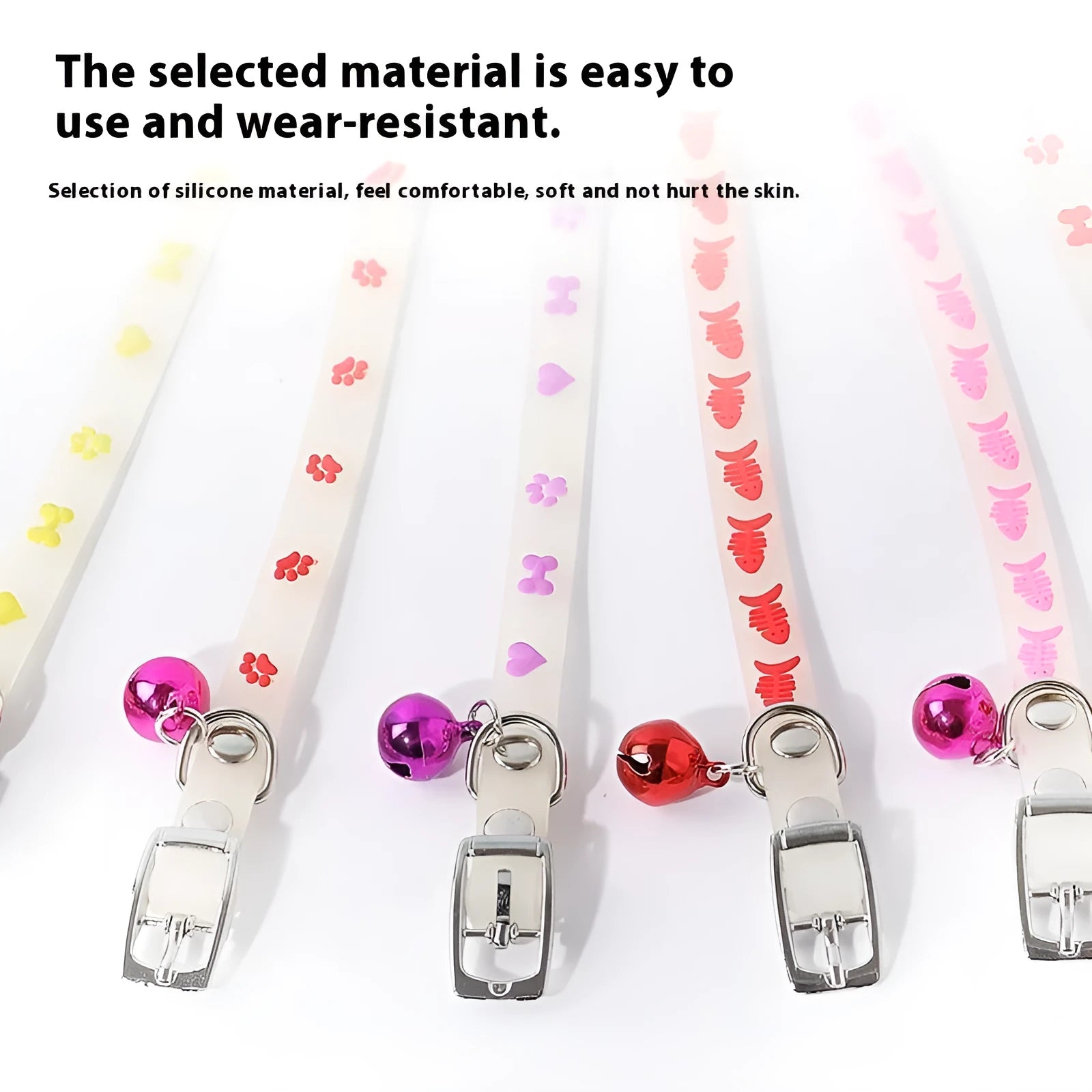 Cat wearing luminous collar with adjustable 29cm silicone chain and metal bell in night setting