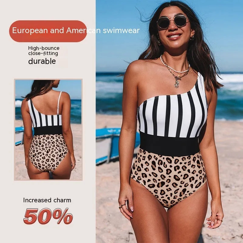 Leopard print women's one-piece swimsuit with asymmetric collar and high waist