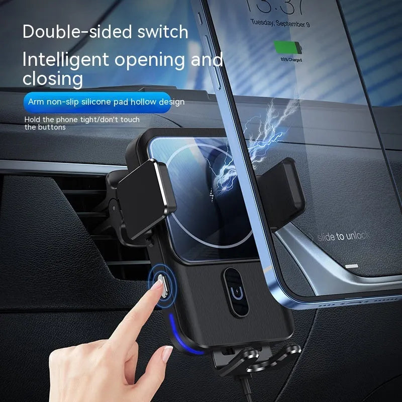 Black car wireless phone charger with 15W fast charging and clip or suction cup mount options