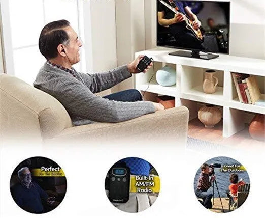 Personal voice enhancer digital hearing aid booster device in brilliant ABS plastic resembling handheld FM radio