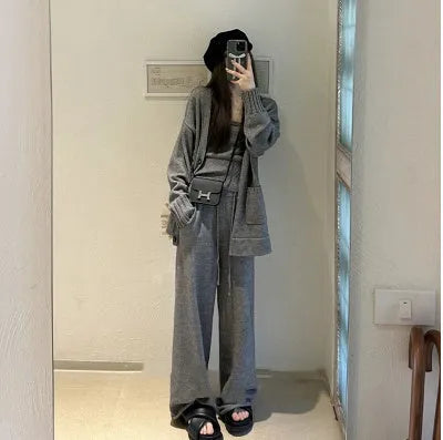 Women's cardigan suspender pants three-piece set in loose Japanese Korean casual style