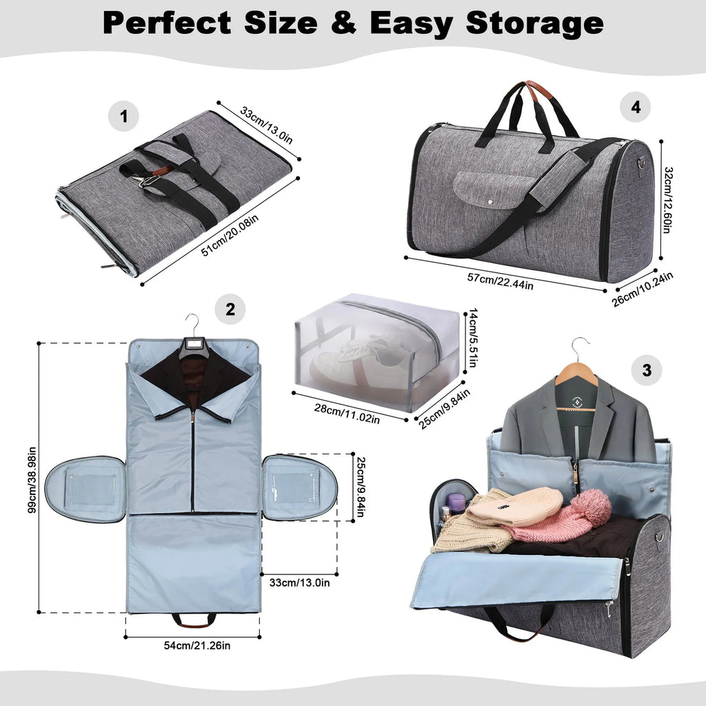 Dark blue folding duffel bag with luggage straps showing 36-55L capacity for business travel