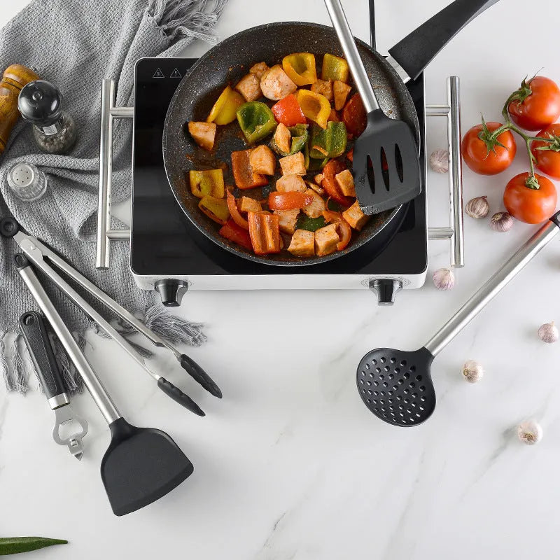 Black silicone kitchen utensil set with stainless steel handles, 16 pieces