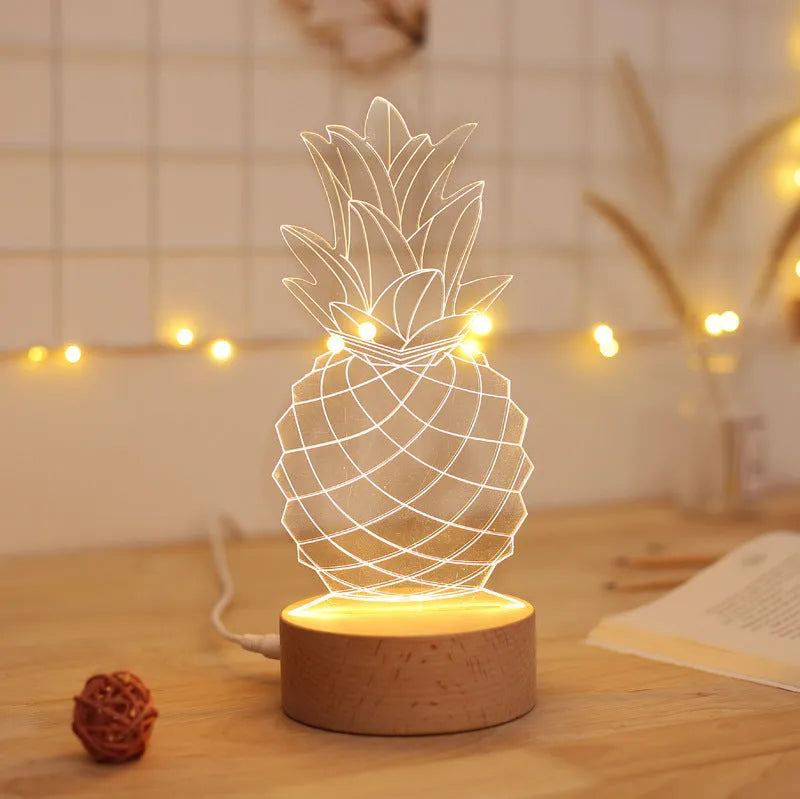Pineapple-shaped wooden and acrylic cartoon night light with USB cable and dimmable controls.