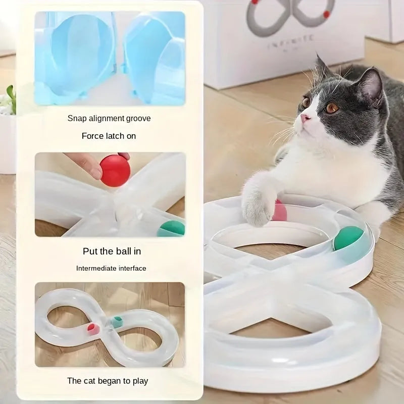 Blue and white interactive cat toy turntable with ball track and teasing stick on floor