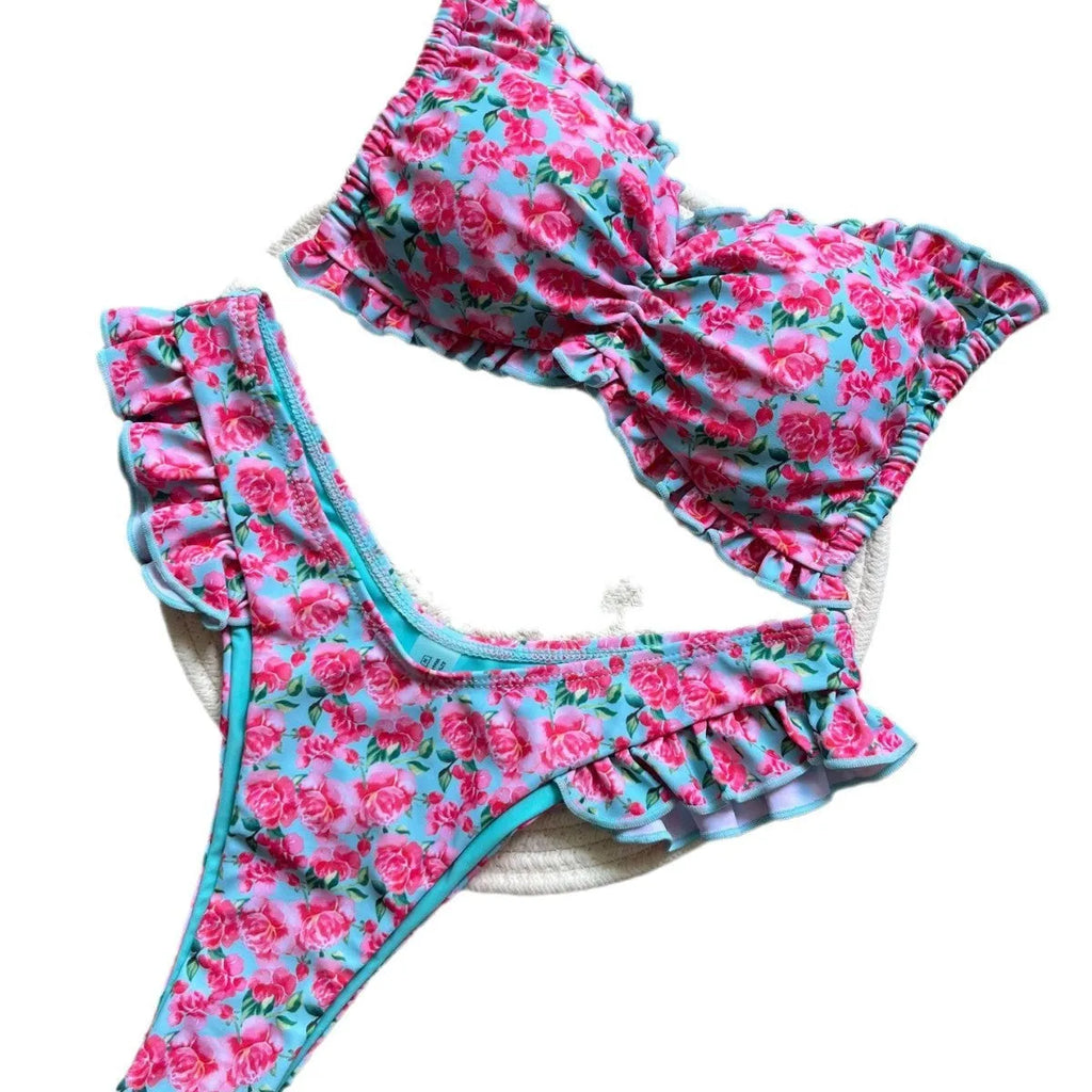 Women's printed low waist lace-up bikini suit in colour P099D with floral pattern