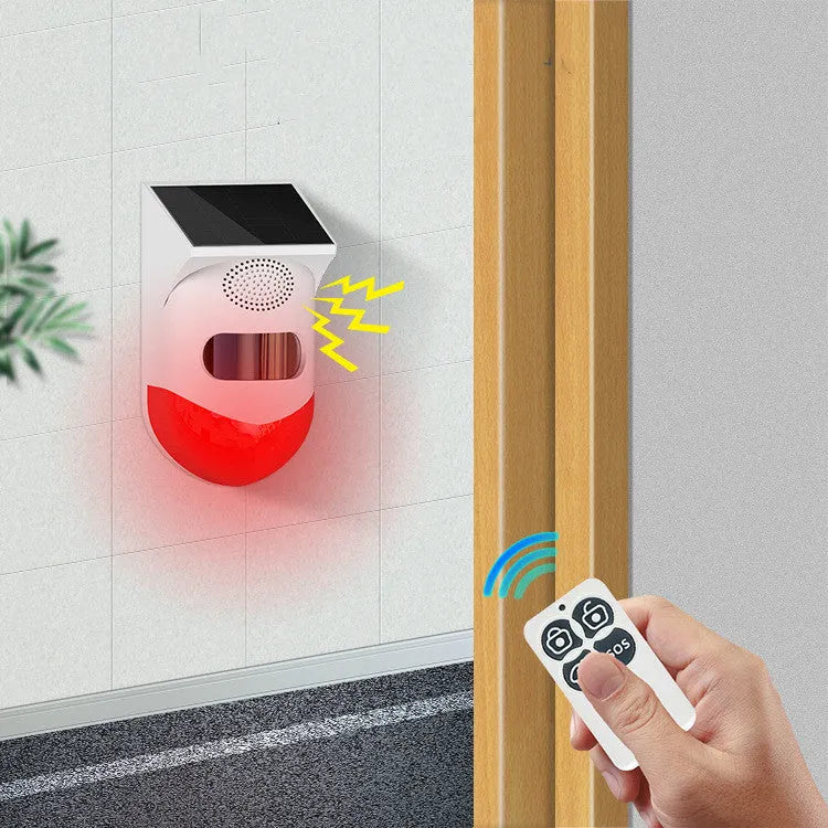 Solar-powered infrared security alarm with remote control for outdoor wireless property protection