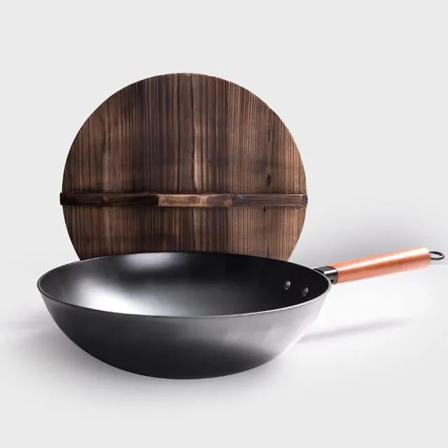 Black handmade traditional iron wok with wooden handle, 32cm diameter with lid.
