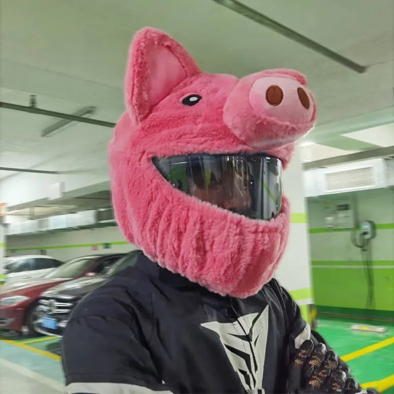 Pinkpig cartoon plush protective hood for motorcycle helmets made from soft pv velvet cloth.
