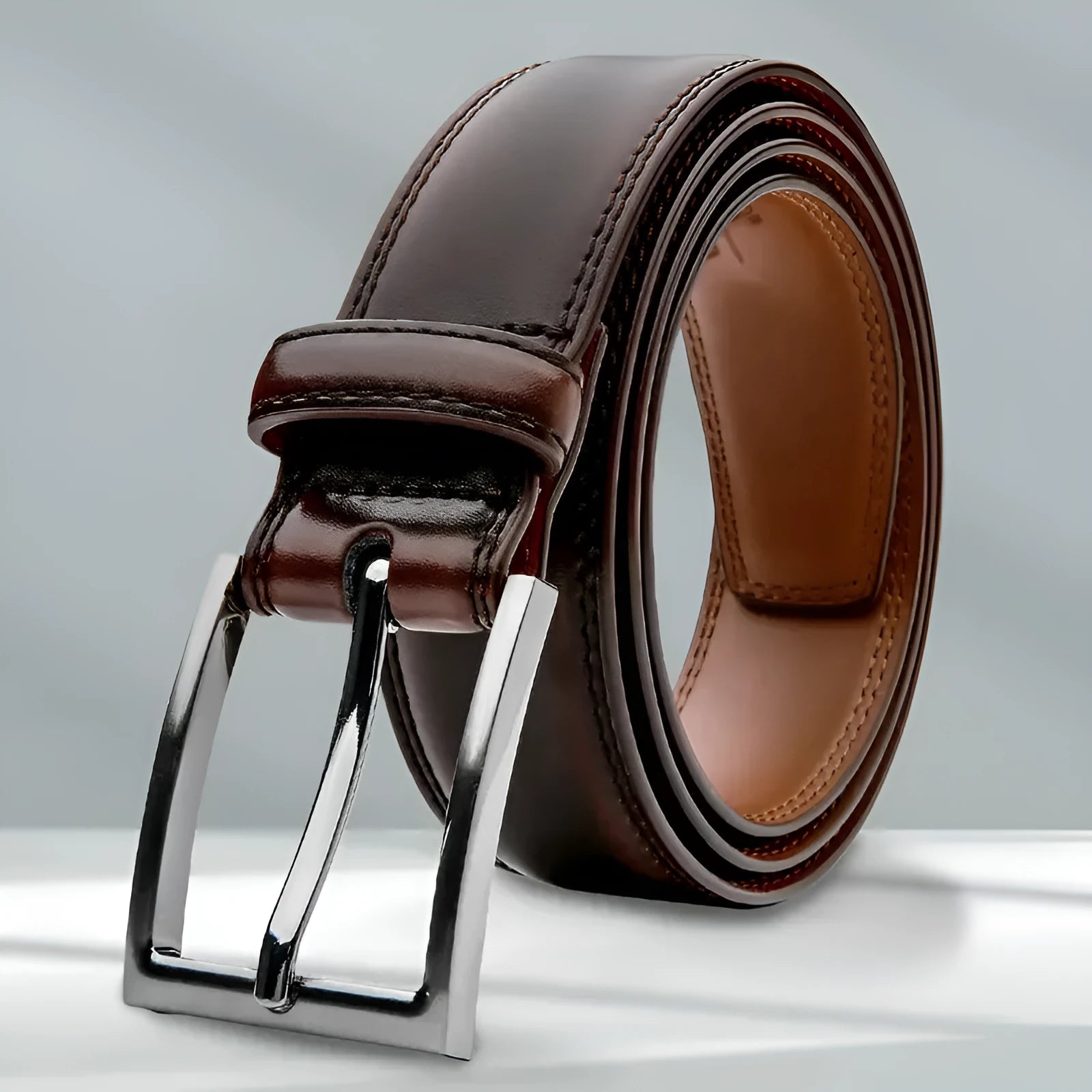 Men's genuine leather casual belt with an alloy buckle shown in 95 grain brown, displayed with length options.