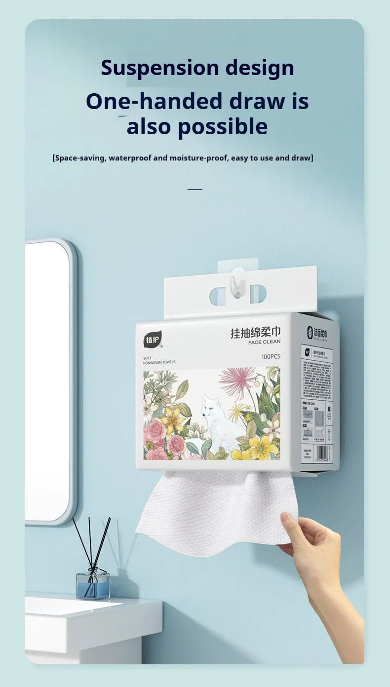 Disposable face cloth roll with hanging mechanism and 100 sheets in soft cotton style