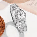 Women's alloy square Roman quartz watch, 10mm thin, silver case with white screen and Roman numerals