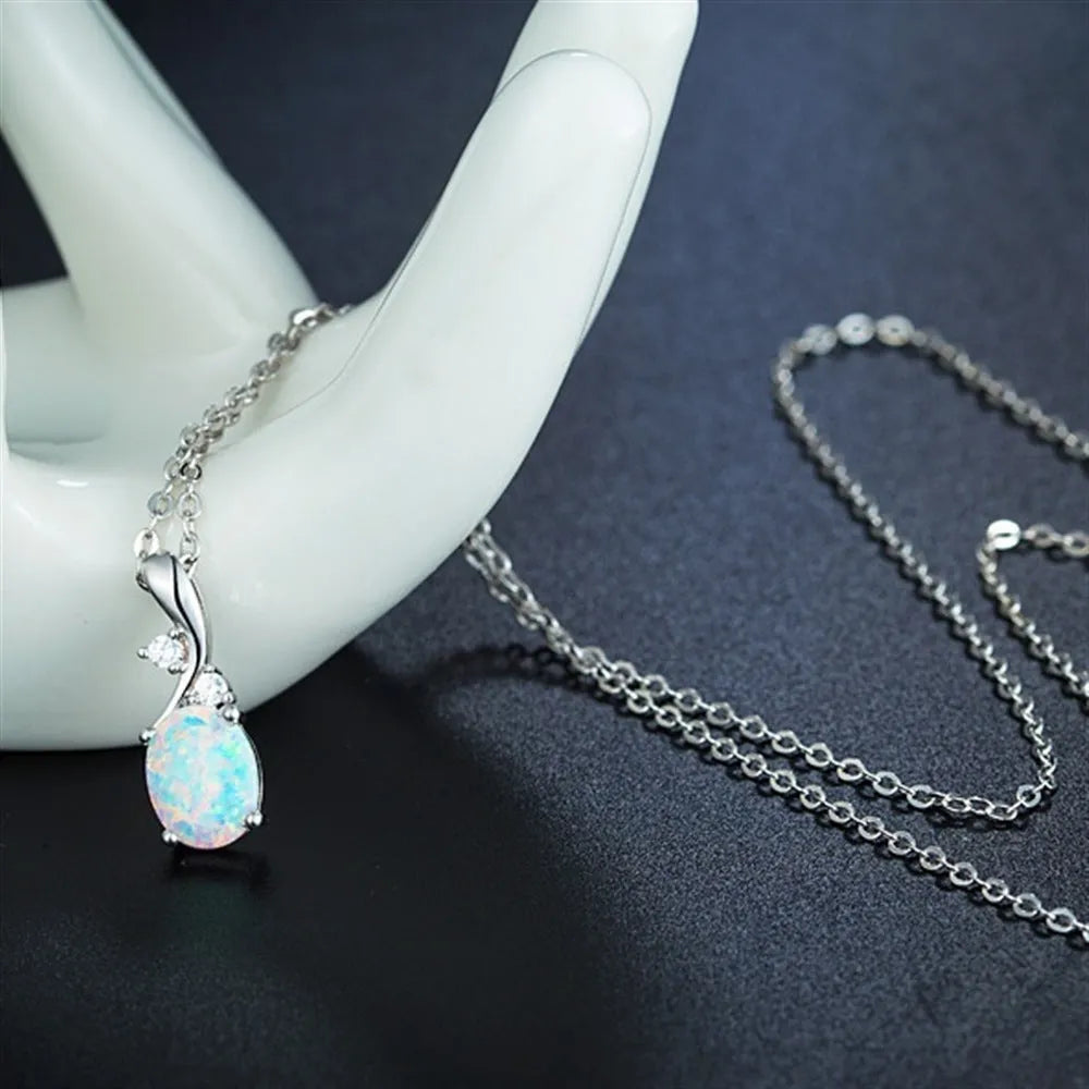 Water drop opal pendant necklace with adjustable chain in rose gold or white colour