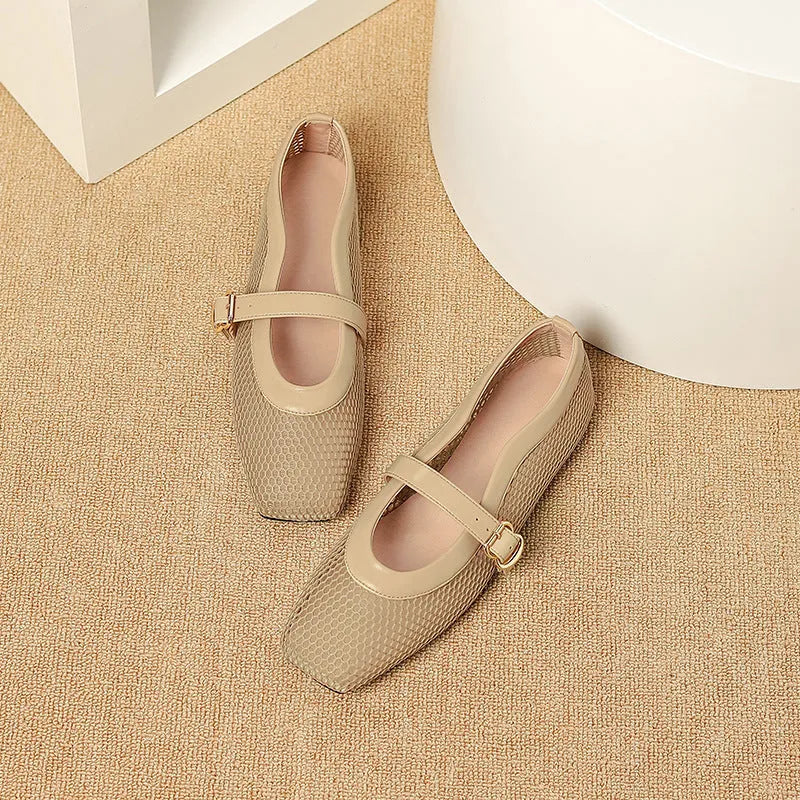 Women's beige mesh summer hiking shoes with square toe and buckle, flat low heel.