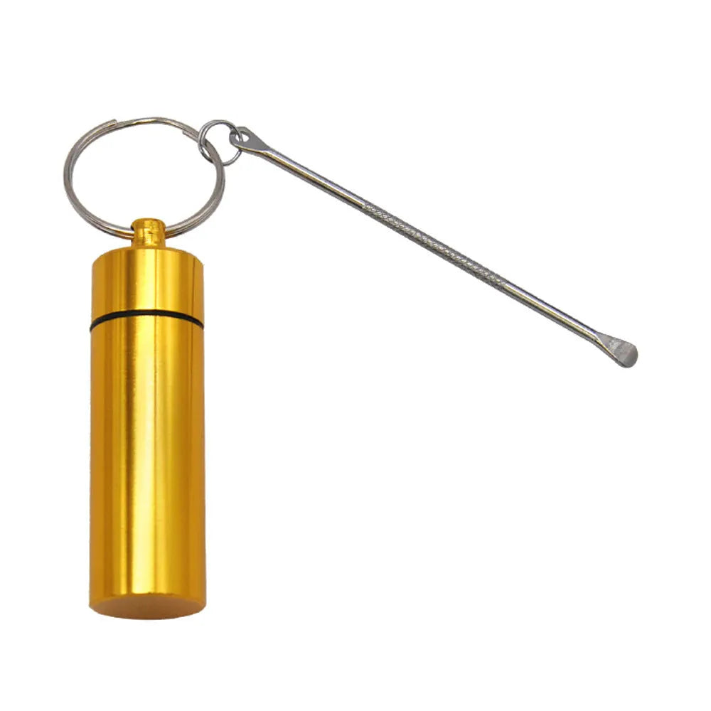 Aluminium portable medicine bottle with spoon and keychain in blue, green, red, gold, and black
