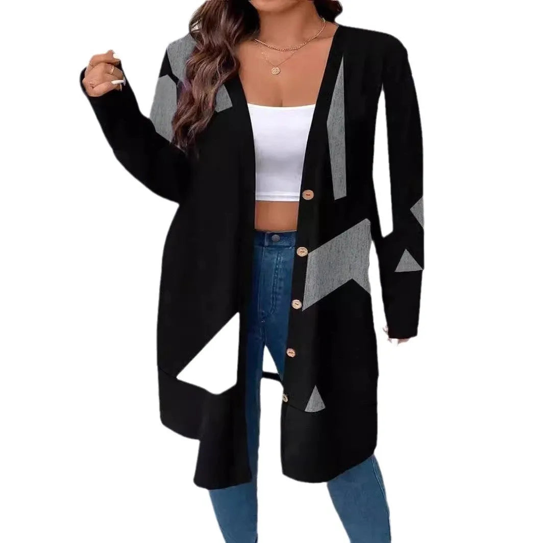 Black loose fit knit cardigan coat with button front on a hanger.