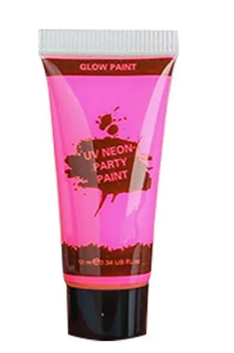 25ml squeeze tube of neon face paint in red, yellow, green, purple, orange, or pink for body art.